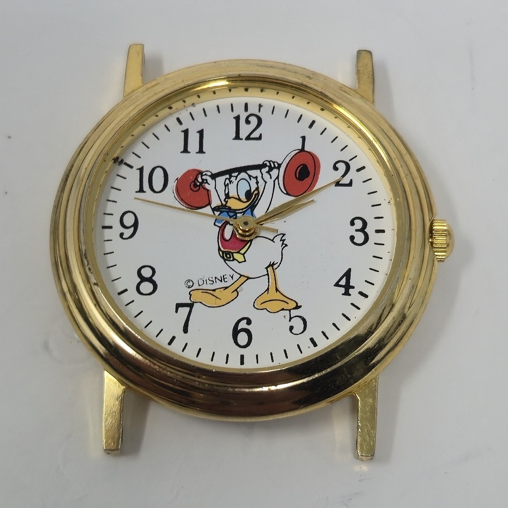 Vintage Disney Donald Duck Weightlifting Watch Head Gold Tone White Dial REPAIR